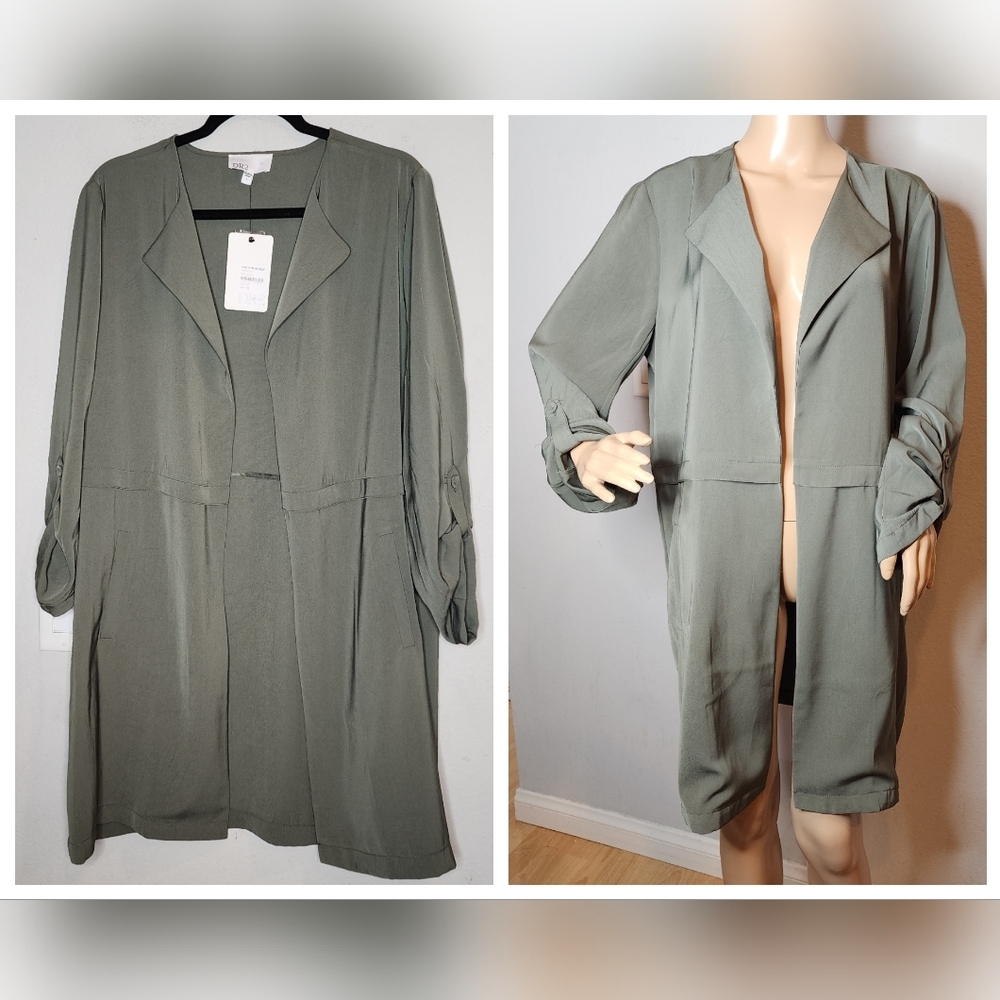 NWT DR2 Green Open Front Drape Long‎ Line Jacket Size Large Side Pockets